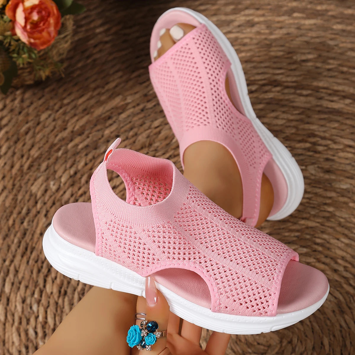 Women Sandals Trend Comfortable Slip-On Sandals Breathable Knit Open Toe Shoes Low Heel with Durable Rubber Sole Shoes for Women Zpaxo Pink 37
