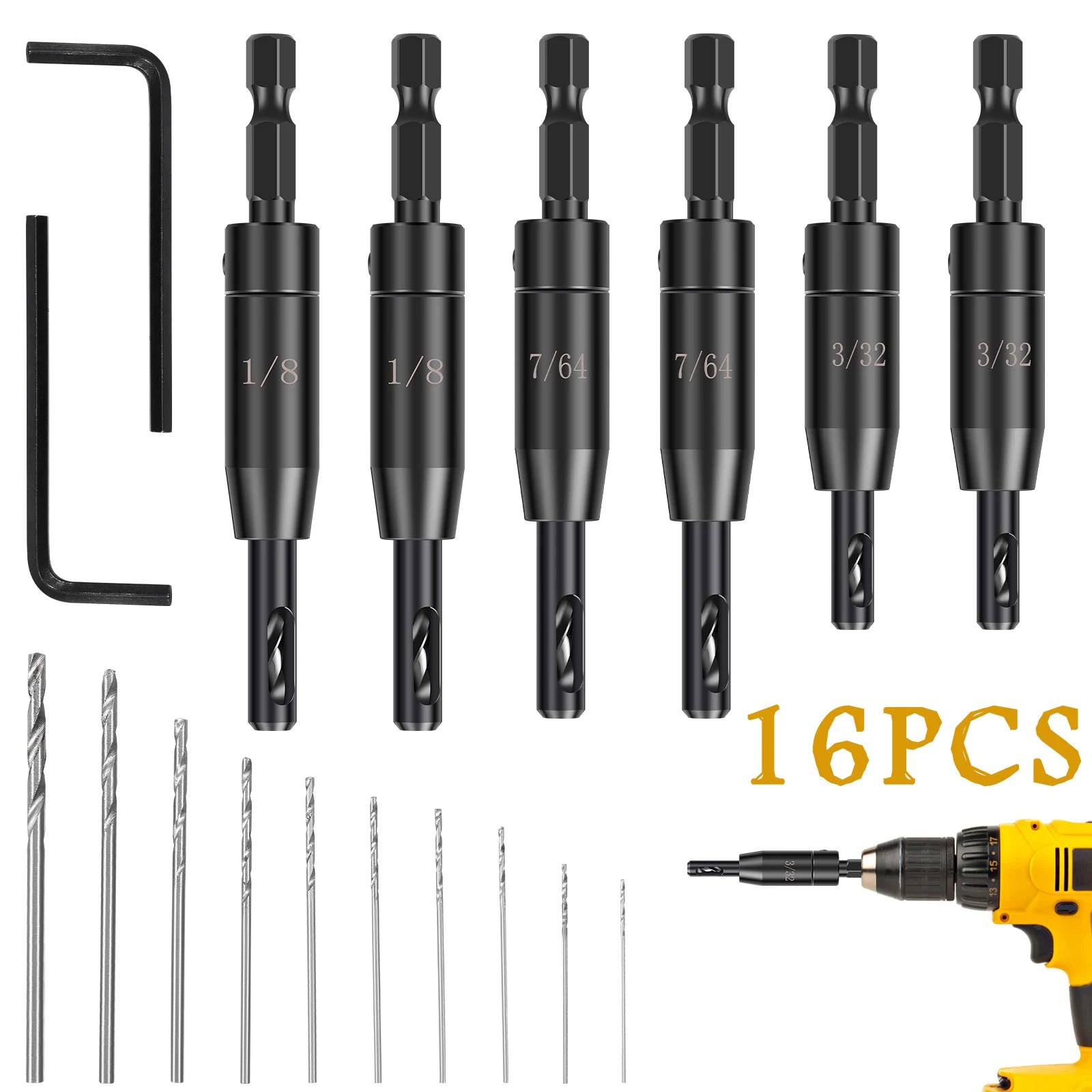 16 PCS/kit Self Centering Drill Bit Set 3/32" 7/64" 1/8" with 10 Twist Drill Bits and 1 Hex Wrench for Precision Woodworking hot Zpaxo