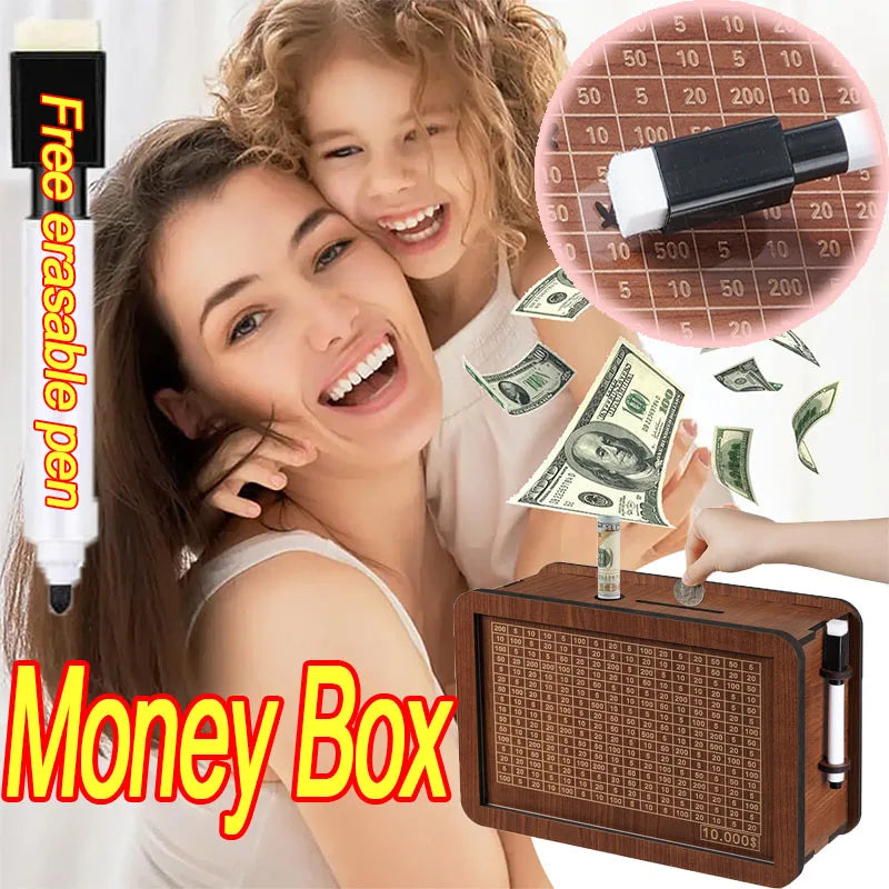 1000/3000/5000/10000 Euro Money Box Wooden Piggy Bank Reusable Money Vault Savings Box Challenge Cash Storage Case Children Zpaxo