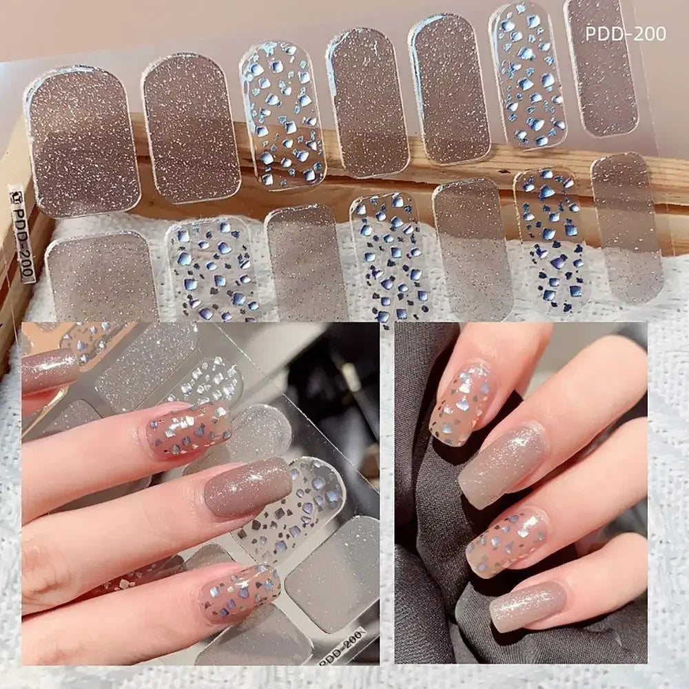 14Strips Gel Nail Stickers Full Cover Floristic Art Semi Cured Polish