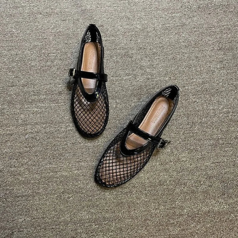 Summer Hollow Mesh Women Ballet Falts Shoes Round Toe Mary Jane Breathable Sandals 2025 Solid Color Buckle Strap Ladies Footwear Zpaxo