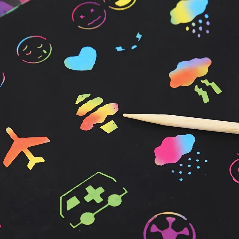 50 pcs Scratch Paper Kids Rainbow Magic Scratch Off Paper Sheets Art Craft Kit Black Note Paper Drawing Pads with Stencils Zpaxo