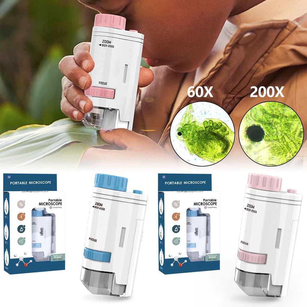 Kids Science Microscop 60-200x Pocket Microscope Porta Electric Mini Handheld Microscope Outdoor Educational Child Interest Toy Zpaxo