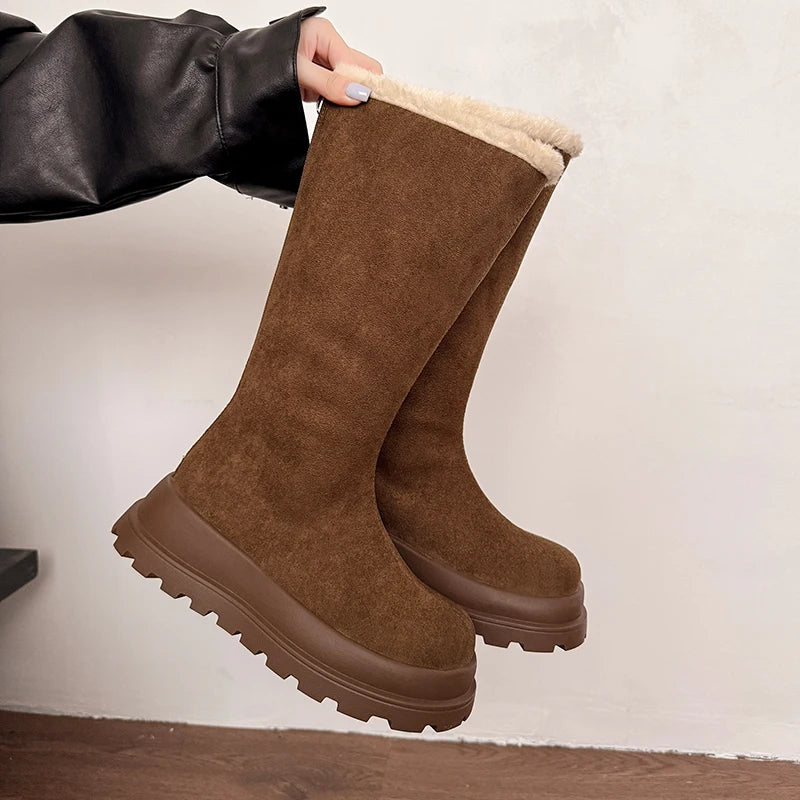 Comfort Platform Berber Fleece Suede Knee Boots Women 2025 Winter Non