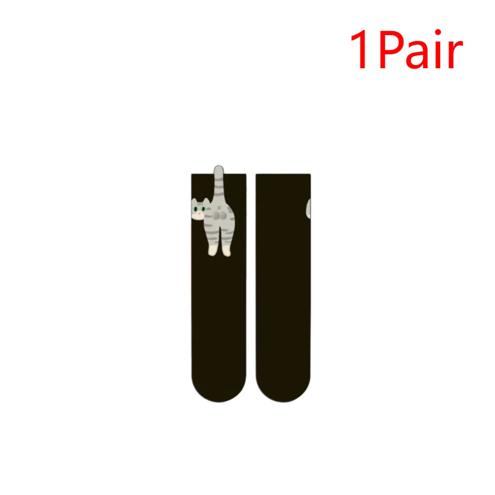 1-2Pairs Funny Cotton Socks with Fuzzy Balls Cartoon Animal Socks Breathable Cat Middle Tube Socks Novelty Gifts for Cat Lovers Zpaxo B-1Pairs One Size