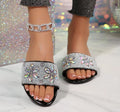 Women's Black Beaded Flat Slide Sandals 2026 Summer Square Toe Slip