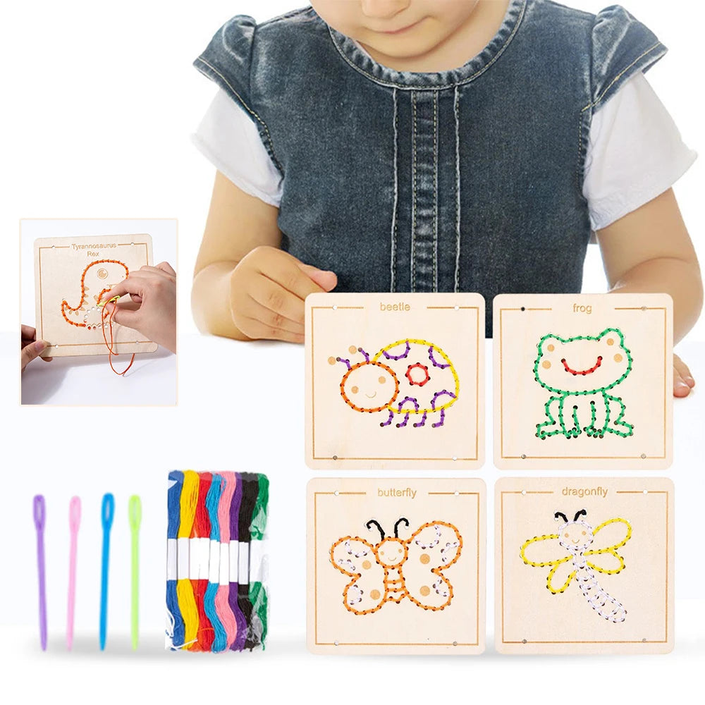 Montessori Wooden Threading Board Pre-punched Embroidery Lacing