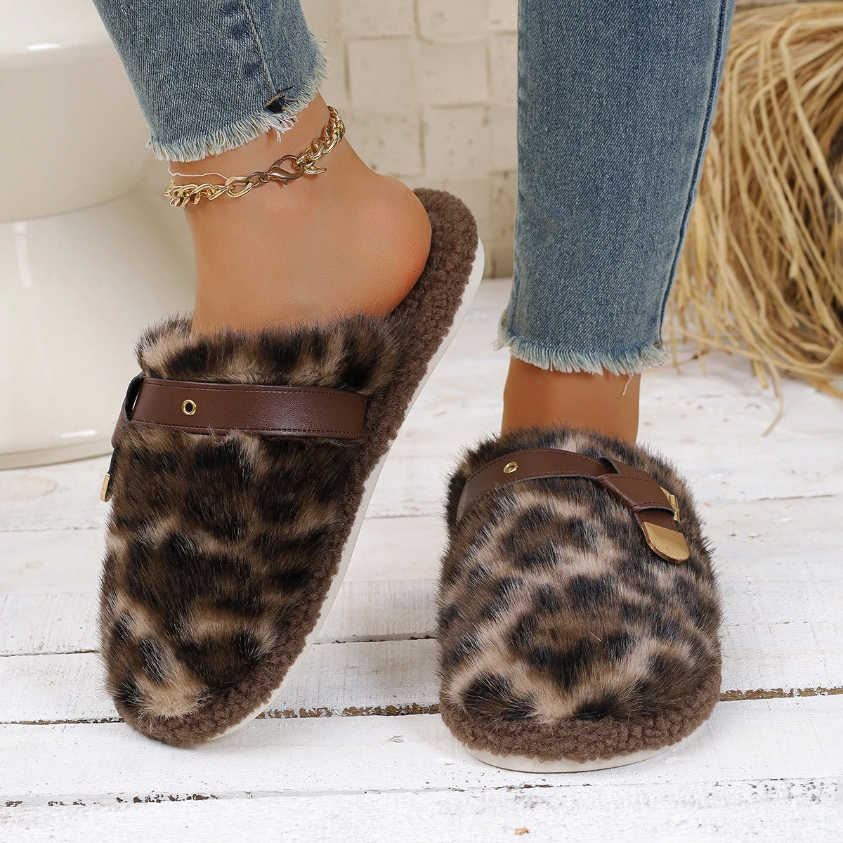 Women Thick Bottom Fur Slippers New Popular Head Cover Cotton Shoes Autumn Winter Outdoor Slippers Leopard Pattern Slides Women Zpaxo