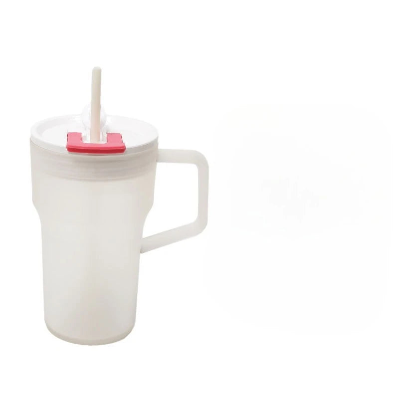 680ML Student Summer Frosted Tea Cup, Korean Style Large Capacity Handle Plastic Double Drinking Straw Cup, Ice King Water Cup Zpaxo White
