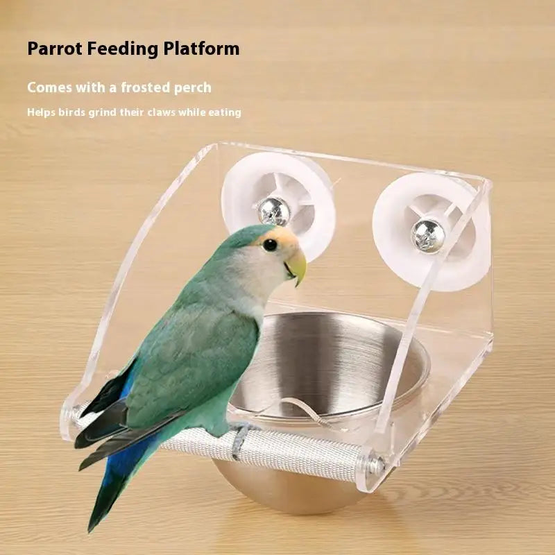 1Pc Acrylic Stainless Steel Bird Food Bowl Hangable Detachable With Stand Prevent Scattering Dispenser Parrots Food Container Zpaxo