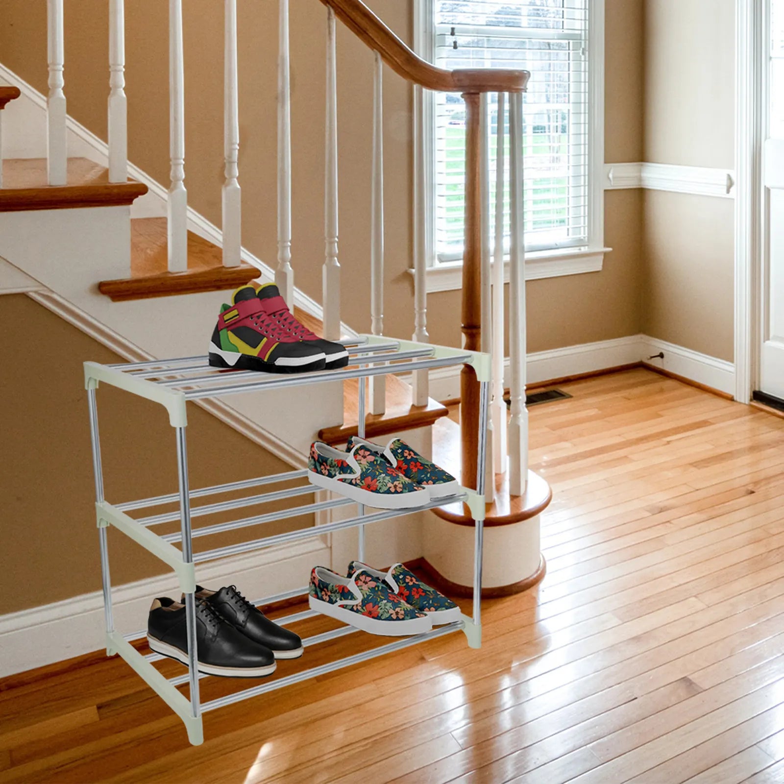 3-Tier Shoe Storage Shelf Rustproof Stainless Steel Material Neat Folding Free Standing Shoe Rack for Household Use