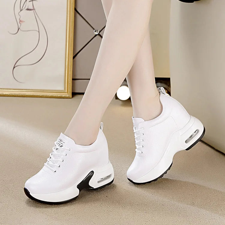 White Perforated Leather Wedge Sneakers Women Lace Up Design Round Zpaxo