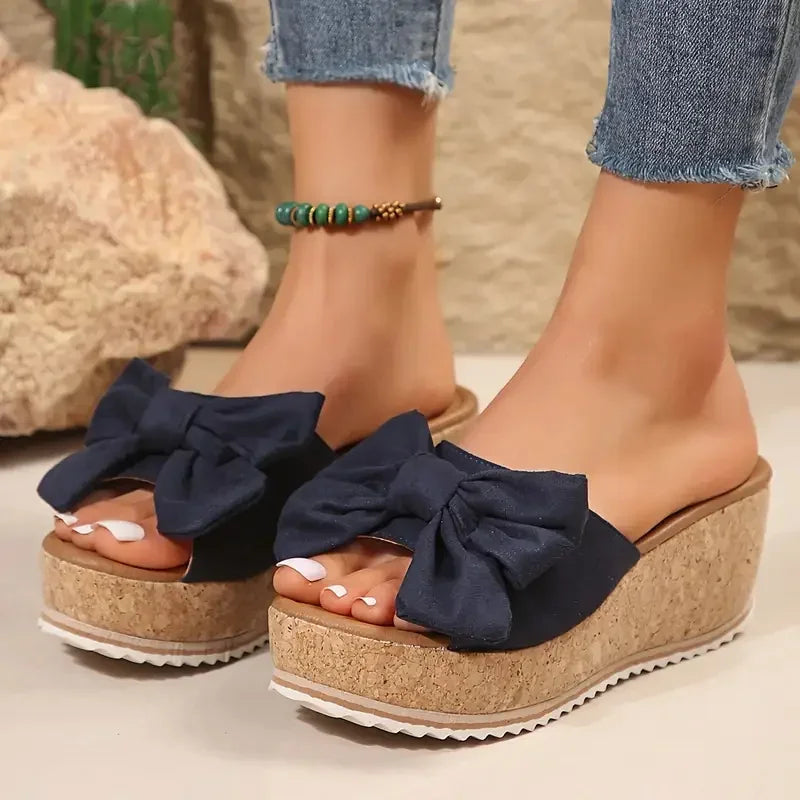 Women Wedge Slippers Leopard Print Bow Tie Platform Outdoor Sandals Zpaxo ROYAL BLUE 38