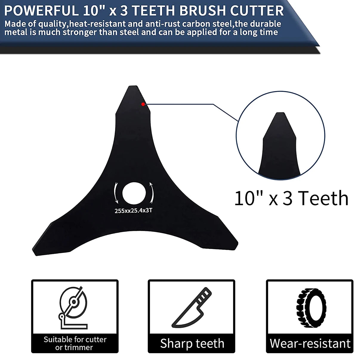10" x 3 Teeth Brush Cutter Blades with Washers Carbon Steel Weed Trimmer Blade Weed Trimmer Head Lawnmower Accessories for Mowe Zpaxo