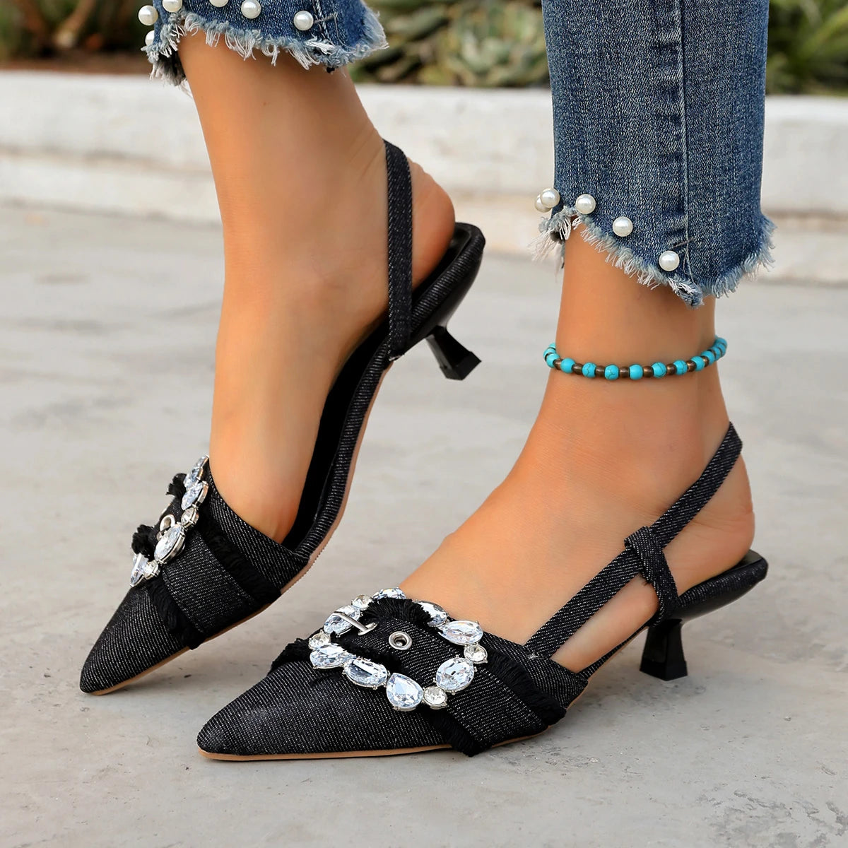 Women Sandals Pointed Toe Denim Sandals Elegant Rhinestone Dress Party Sandals Luxury Glitter Buckle Decoration Women Shoes Zpaxo