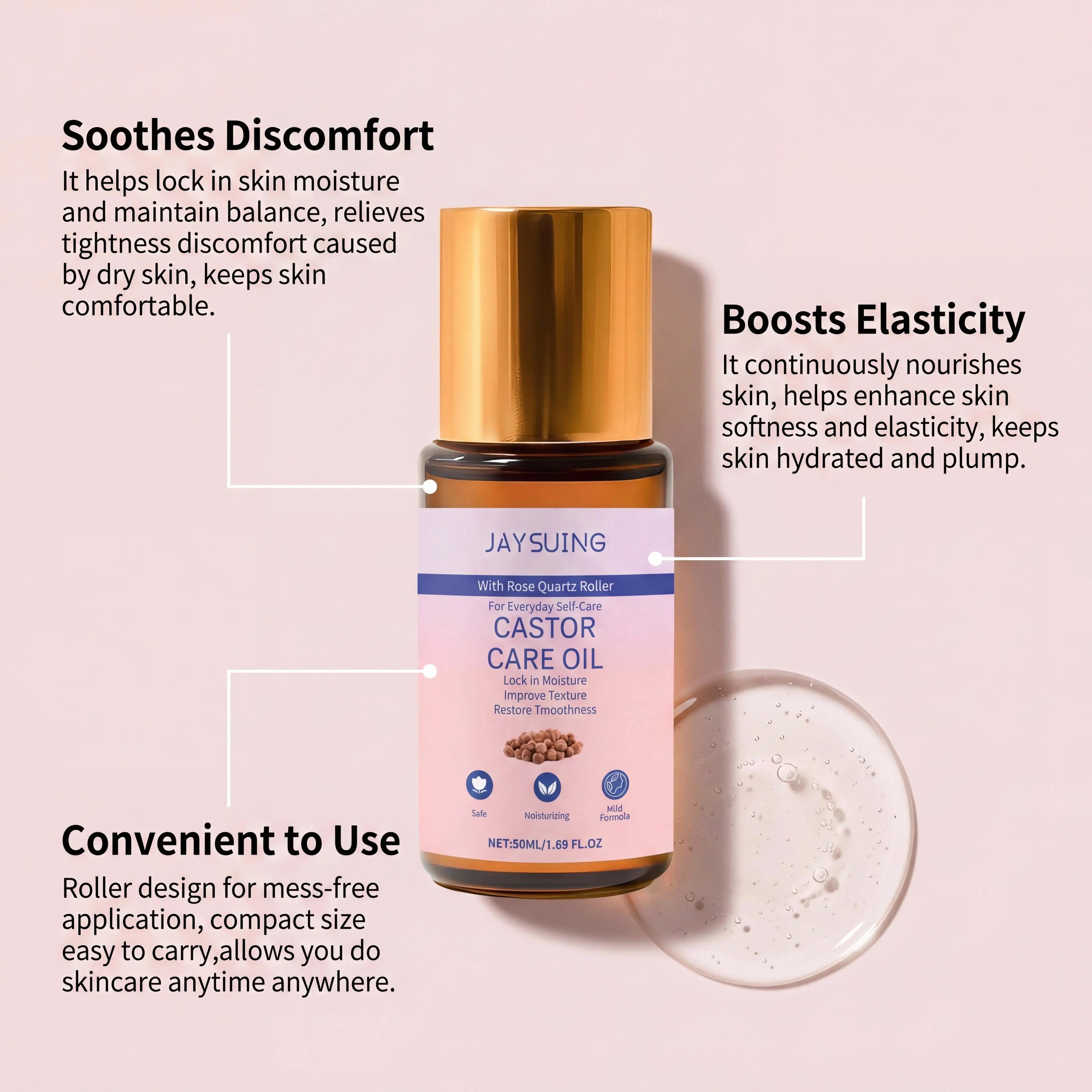 Organic Castor Oil Rose Quartz Roller – Skin & Hair Care Castor Oil Roller Zpaxo