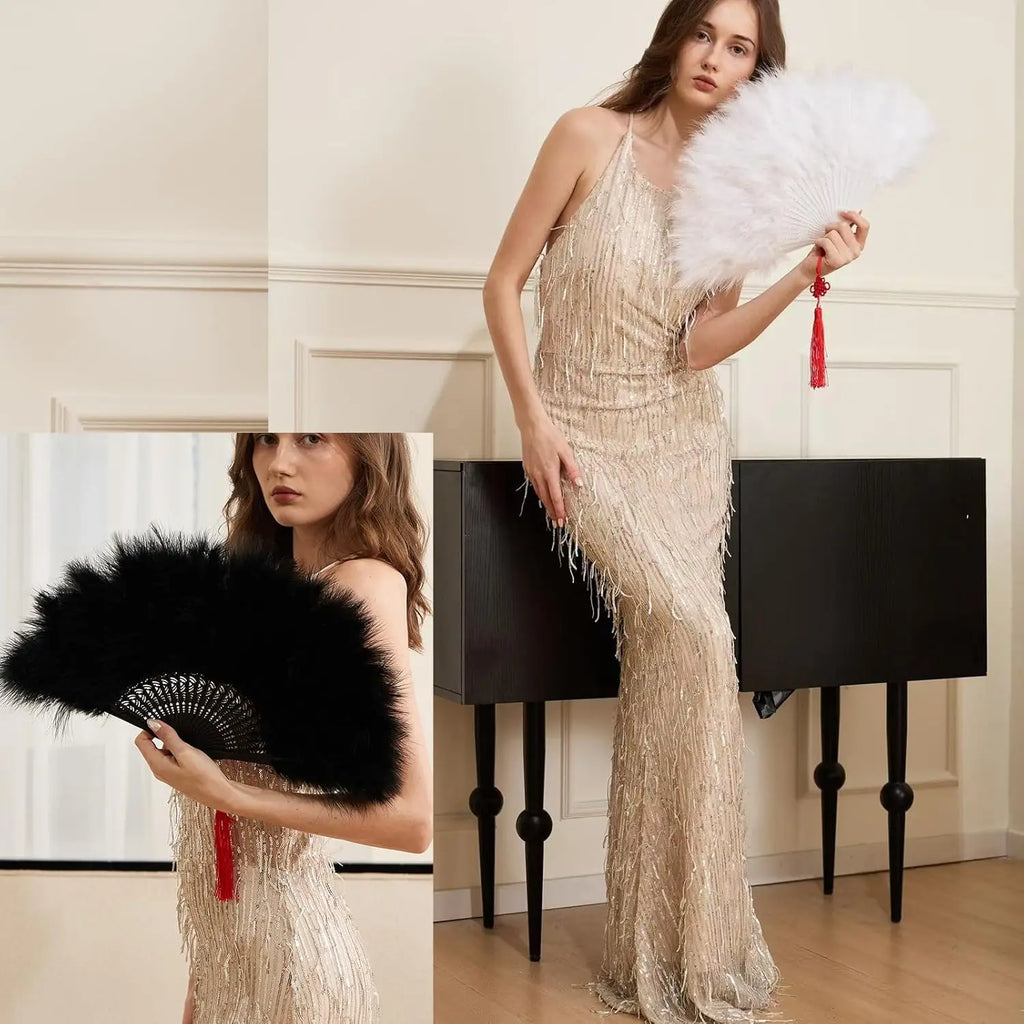 Handheld Feather Fan Flapper Hand Costume Party Dancing-WHITE Bridal