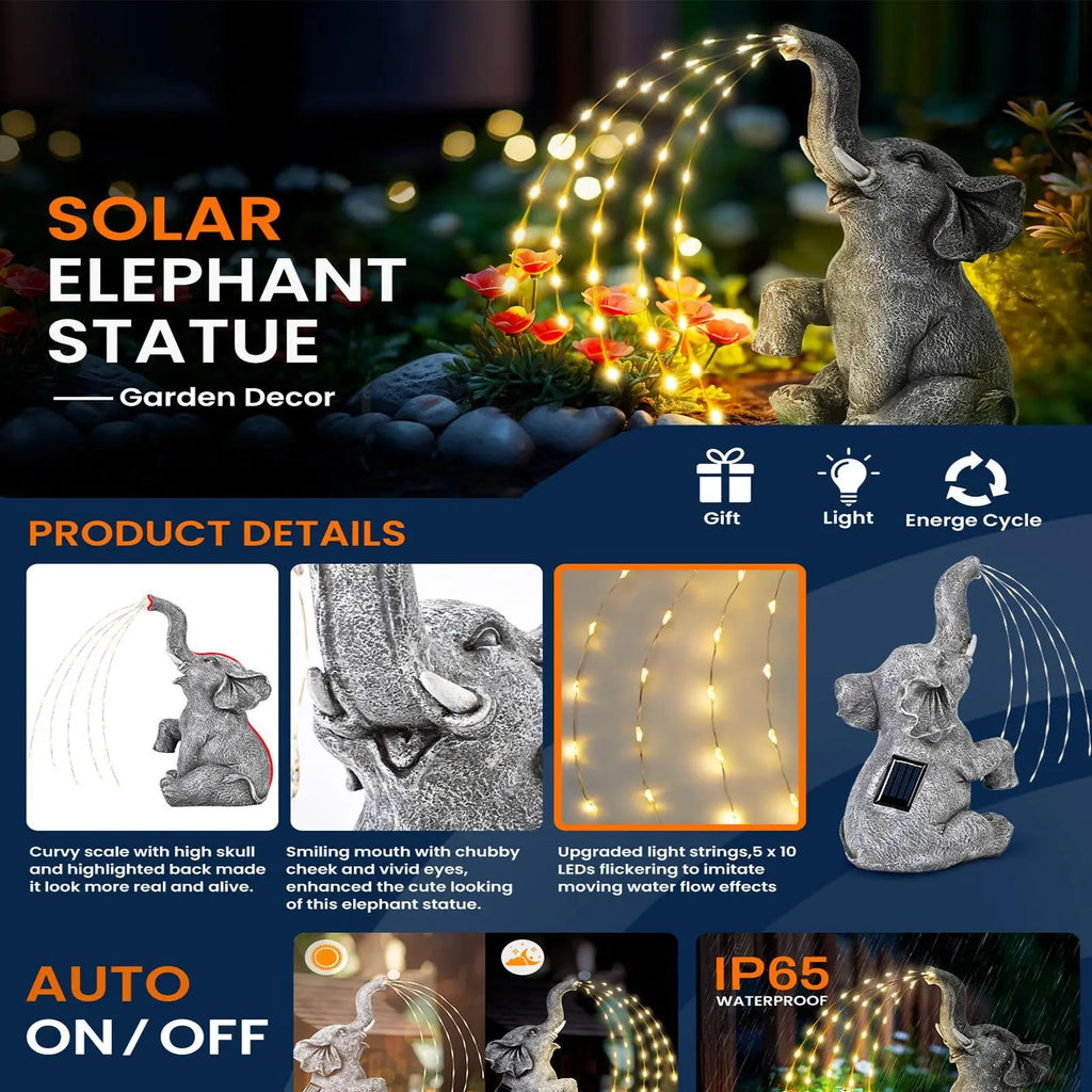 Elephant Statue Waterproof UV Resistant Solar Lights Cute Animal