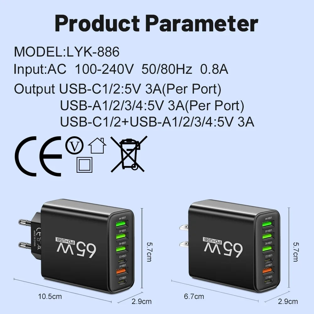 65W USB Charger Fast Charging Adapter for Xiaomi Samsung Huawei P70 iPhone Travel Mobile Phone Quick Charger Adaptor Zpaxo