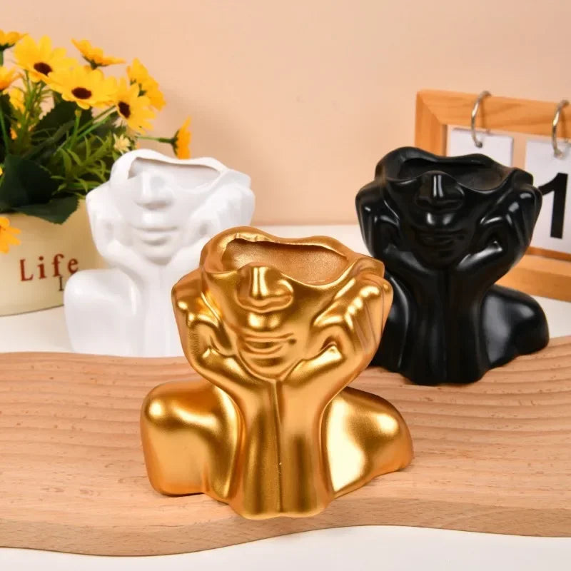Resin Human Body Vase – Gold, White & Black Art Flower Planter Decorative Resin Vase Zpaxo