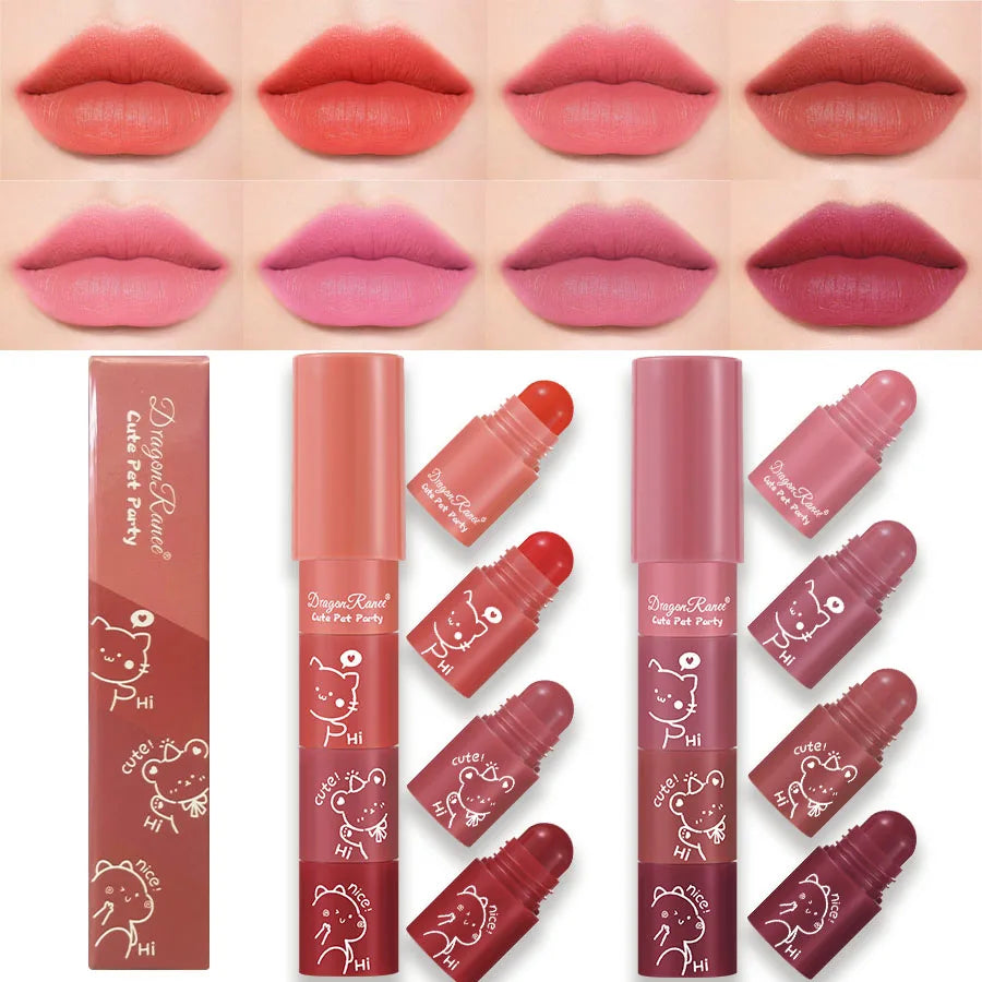 Four-Section Lipstick Autumn and Winter Matte Velvet Matte Lip Gloss Long-Lasting Makeup Effect Whitening Complexion Lip Gloss W Zpaxo