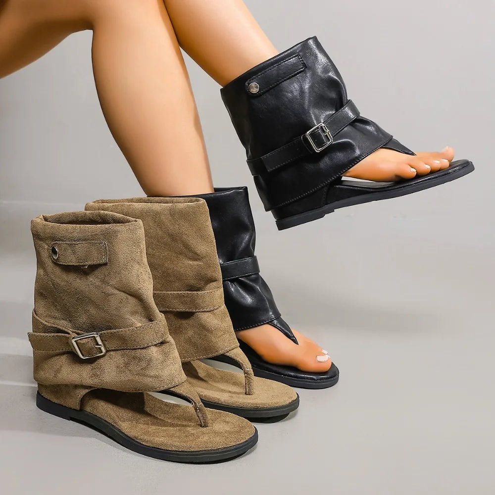 New 2026 Summer Women Sandals Boots Fashion Open Toe Flats Sheepskin Sandals Retro High Top Ladies Street Shoes Zapatos De Mujer Zpaxo