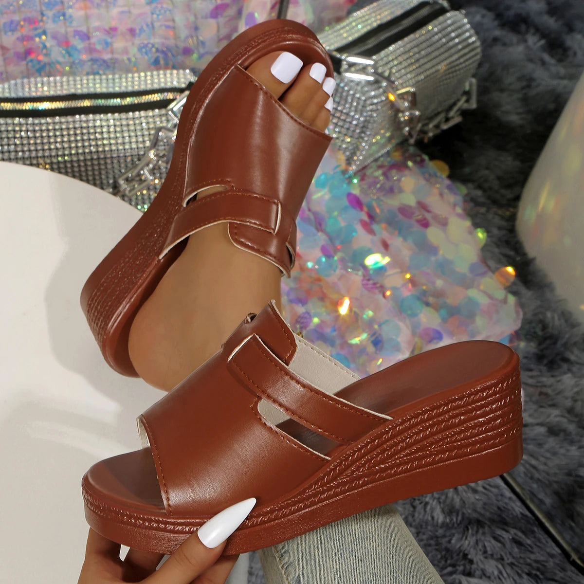 Women Sandals Summer Cross Large Wedge Heel Shoes Thick Bottom Zpaxo Brown 35