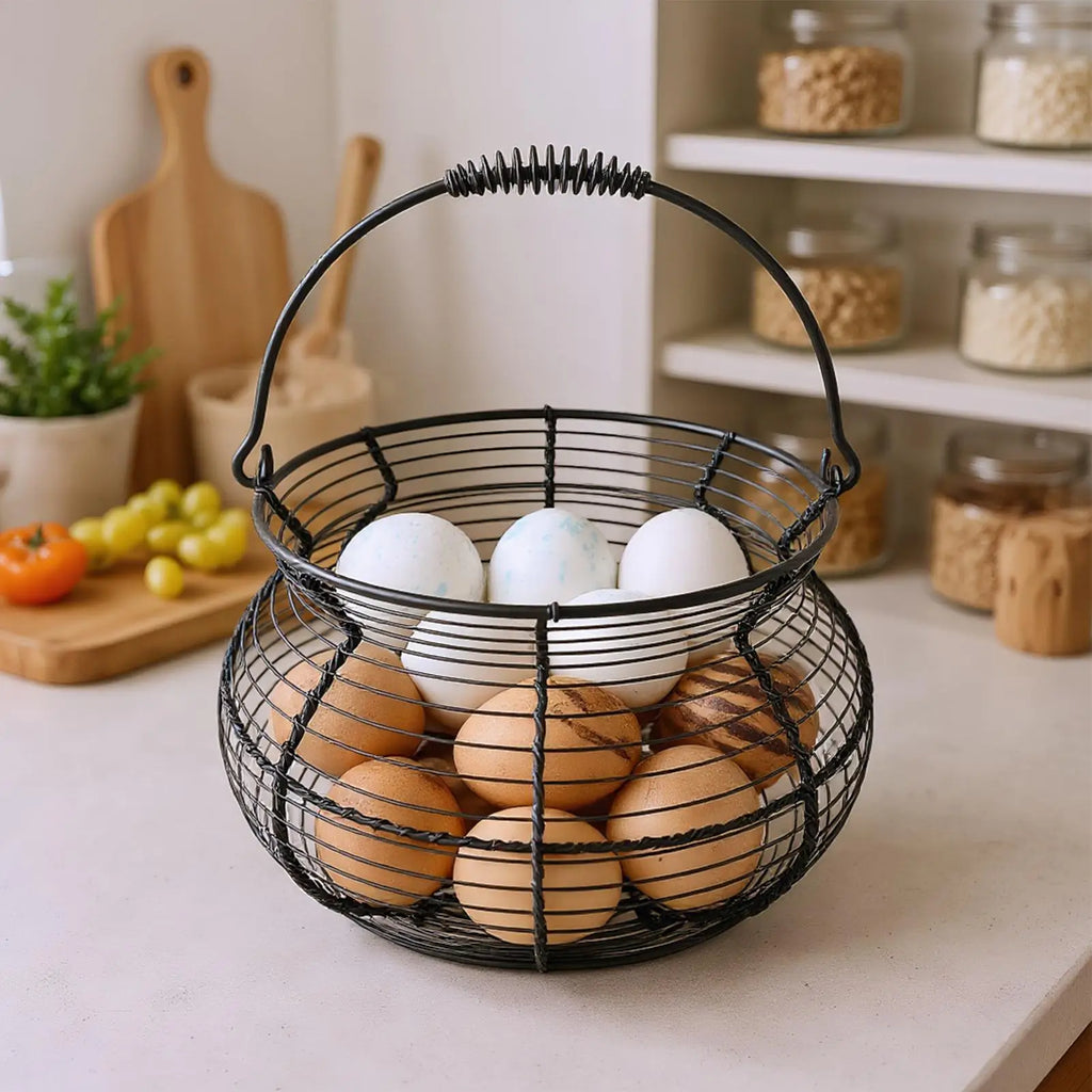 Small Egg Basket Vintage Woven Storage Stand Handle Counter Holder
