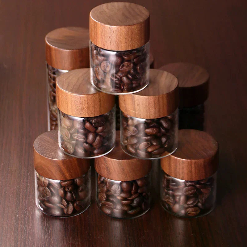 Wooden Sealed Airtight Canisters Coffee Bean Glass Tube With Wood Tool Bottled Tubes Grain Storage Zpaxo