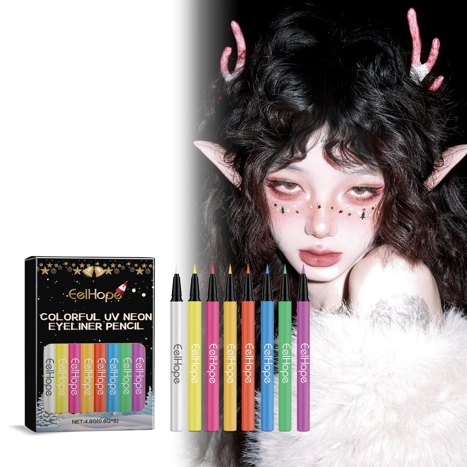 8 Color Christmas Neon UV Luminous Eyeliner Pen Set Glitter Makeup Eye Liner Pencil Tool Waterproof Sweatproof Body Face Makeup Zpaxo