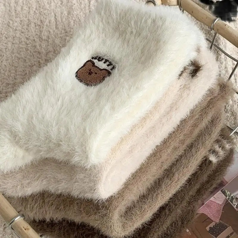 1 4Pairs Autumn Winter Women's Thick Warm Cartoon Animal Bear Bow Zpaxo