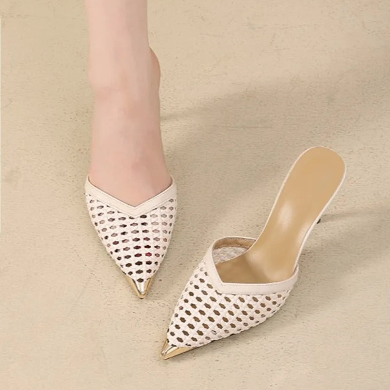 Women's Hollow Pointed Toe Sandals Elegant Metal Heels Shoes Women Zpaxo Beige 35