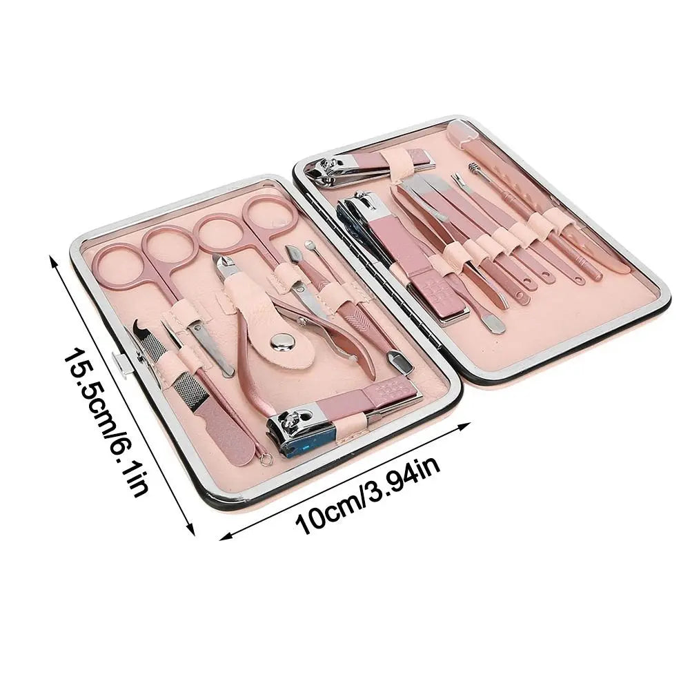 18PCS Stainless Steel Nail Clippers Set Rose Gold PU Leather Case Nail Art Tool Set Portable Cuticle Clippers Kit Zpaxo