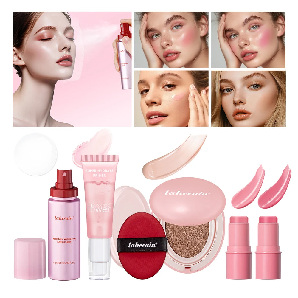 Pink Makeup Set Primer Setting Spray Include Air Cushion Foundation Base MakeupLipstick 5pcs/set Blush Hold Cosmetics Kit Zpaxo