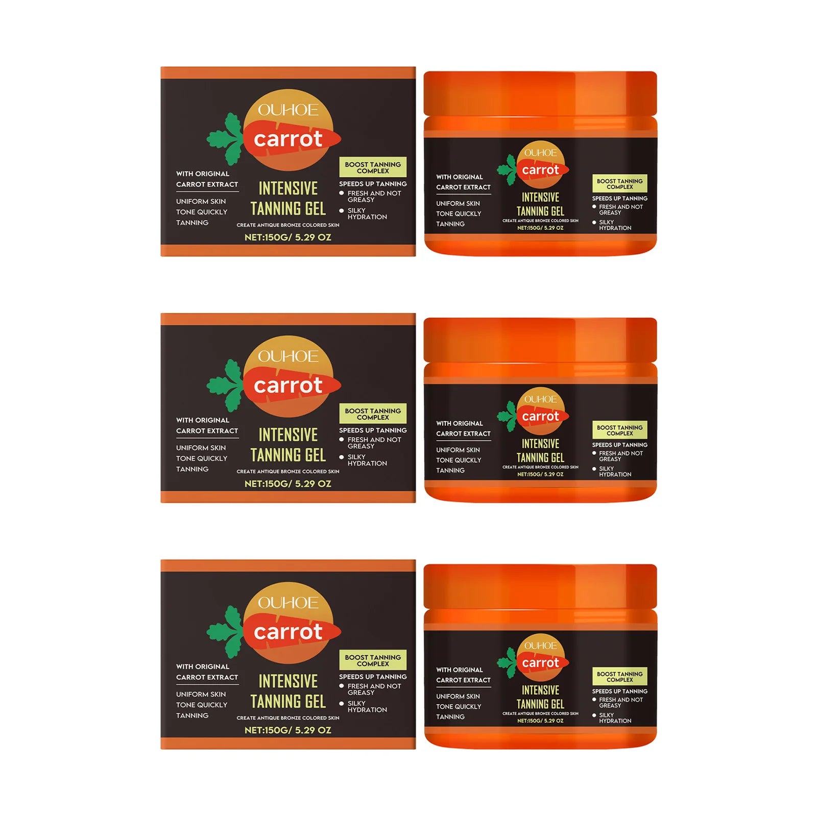 Carrot Tanning Gel – Sunless Bronzer & Moisturizing Tan Enhancer Self Tanner Gel Zpaxo 3 x 150g Boxed