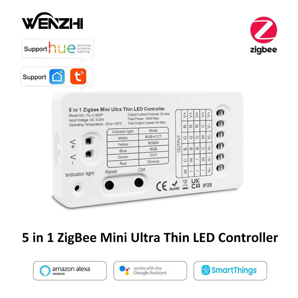 Zigbee Mini 5 in1 12/24V RGBCCT/RGBW/RGB/CCT/Dimmer LED Light Strip Controller Tuya Smart Life App/2.4G Remote Control Alexa Hue Zpaxo