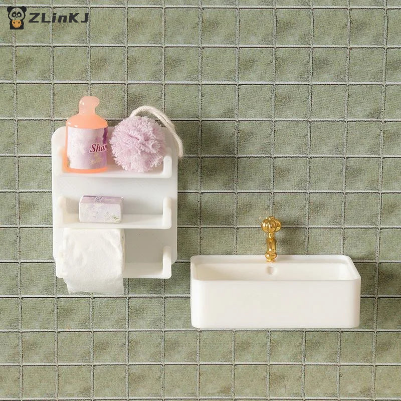 ▶Micro Scene Decor Bathroom Wash Basins Wall Shelf Model 1/12 Scale Dollhouse Furniture Decoration Pretend Play Toys Zpaxo