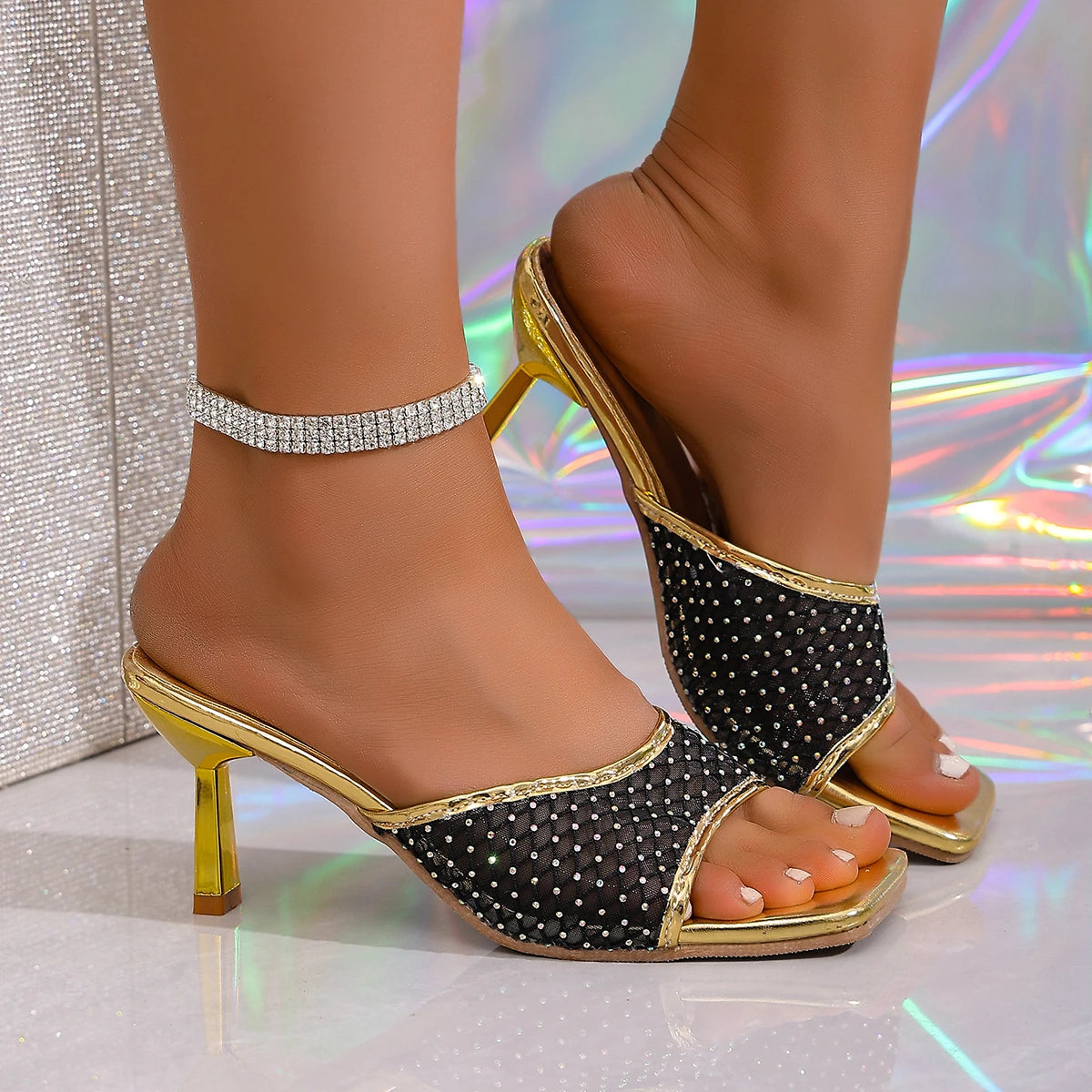 Sandals 2026 New Fashion High Heel Slippers Pointed Toe Rhinestone Decorated One-piece Strap Sandals Casual Elegant Ladies Shoes Zpaxo black 37