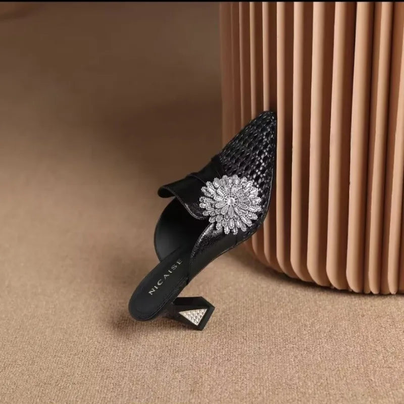 Pointed Closed Toe Weaving Hollow Out Breathable Rhinestone Flower Zpaxo