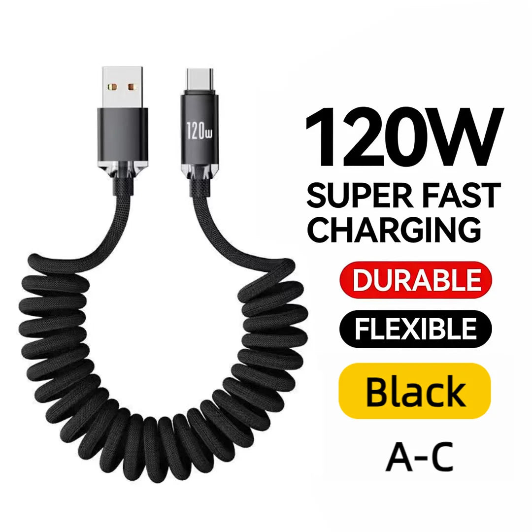 120W Retractable USB-C Fast Charging Cable – 1m & 2m USB-C Charging Cable Zpaxo A to C Balck 2m