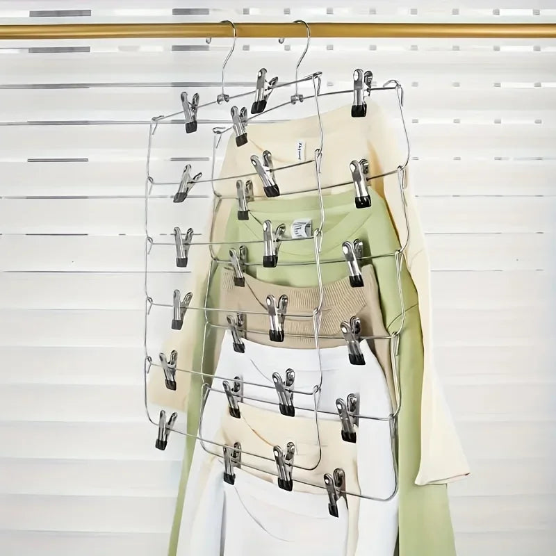 Space-Saving 6-Tier Metal Pants Hanger With Clips - Durable, Multi-Layer Storage For Skirts And Trousers, Black Zpaxo