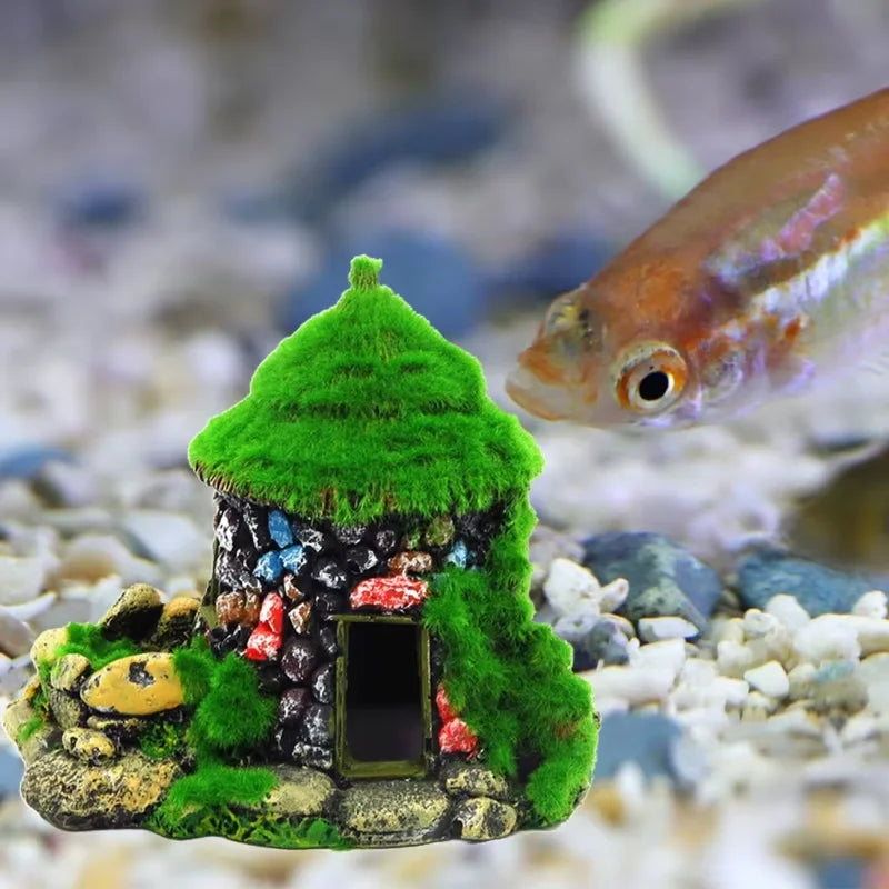 Aquarium Decoration House Resin Betta Cave Realistic Green Moss Fish