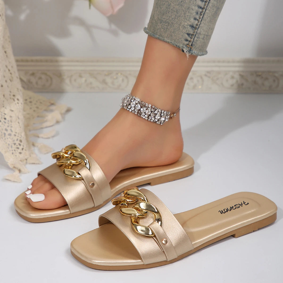 Women Slippers 2026 Chain Flat Home Slippers Summer Style Casual Comfortable Women Shoes Slip-Ons Holiday Sandals Slides Women Zpaxo