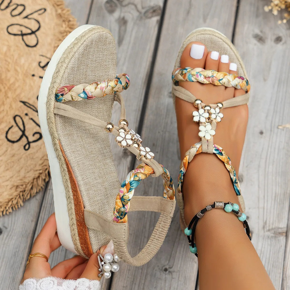 2025 Women Sandals Fashion T-Strap Platform Sandals Women Mix Color Elastic Band Wedge Shoes Woman Daily Open Toe Shoes Female Zpaxo Beige 42