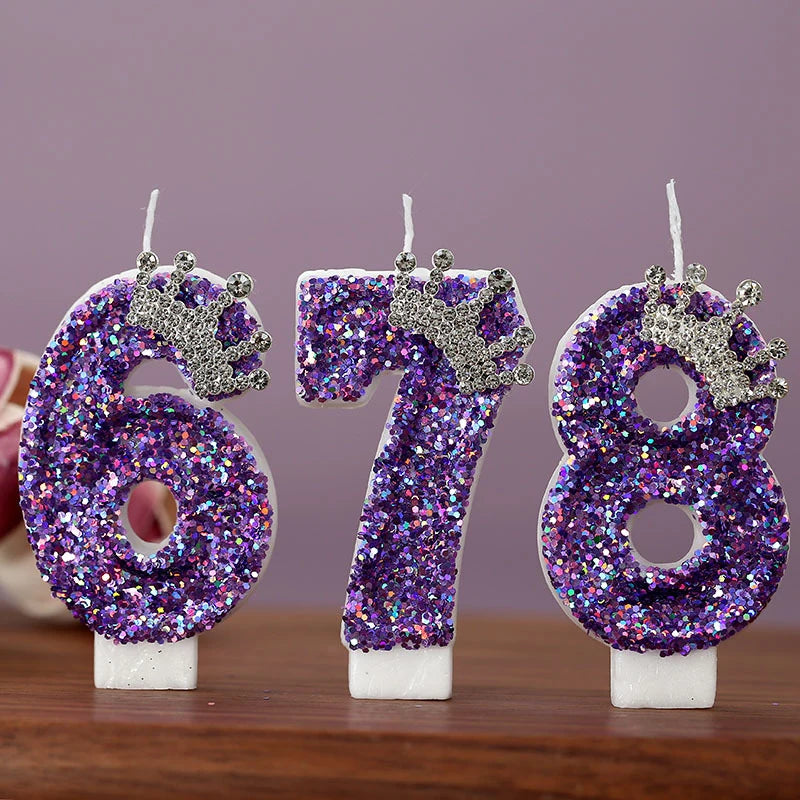 Purple Glitter Crown-shaped Number Birthday Candles Cake Decorations