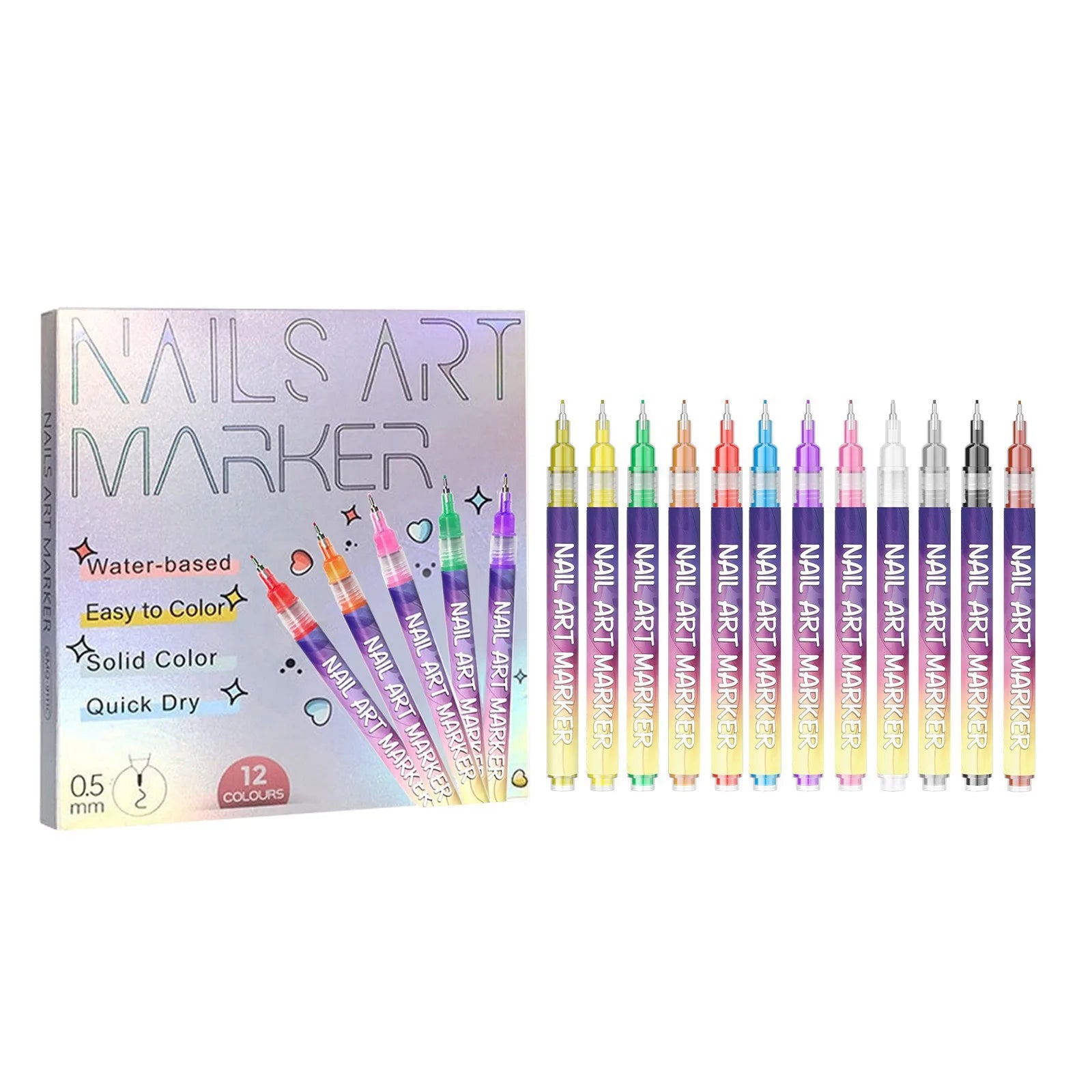 12-Color Nail Art Marker Pen Set | 0.5mm Ultra Fine Water-Based Nail Art Pen Set Zpaxo 12pieces boxed