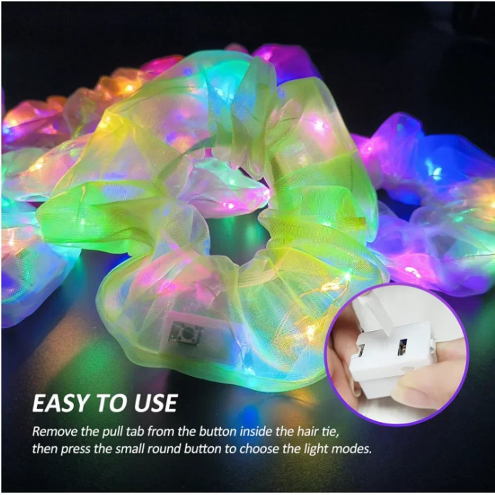LED Light Up Hair Scrunchies Candy Bright Organza Scrunchy Elastic