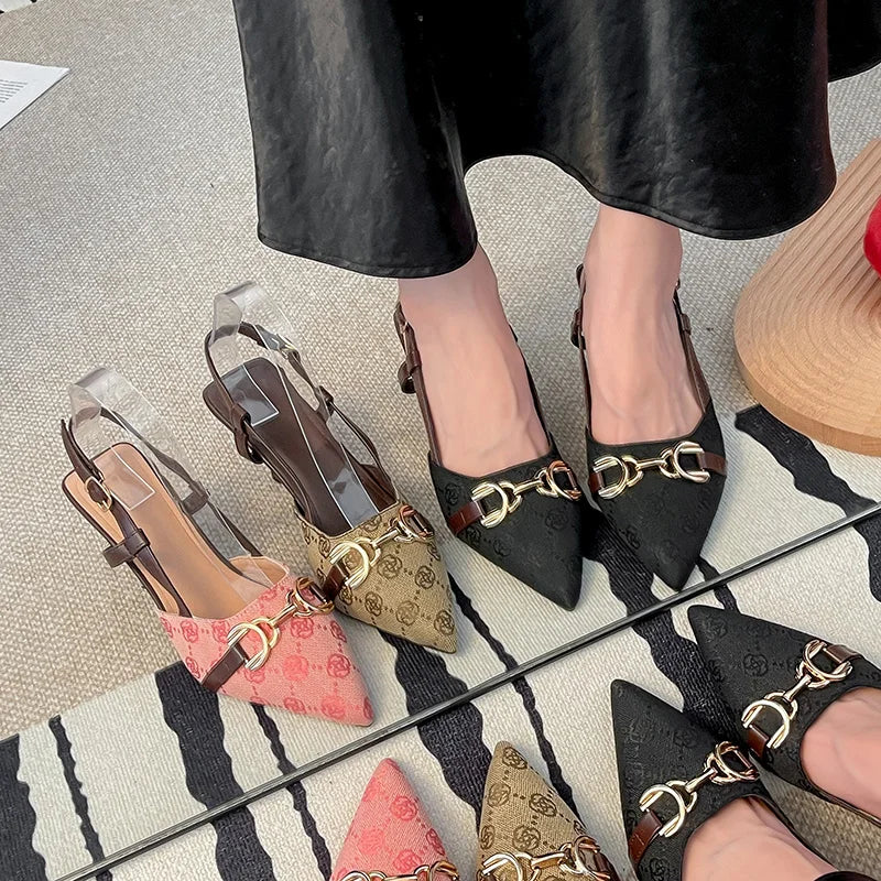 Women Sandals Metal Chain Pointed Toe Pumps Buckle Strap Heels Flower Zpaxo