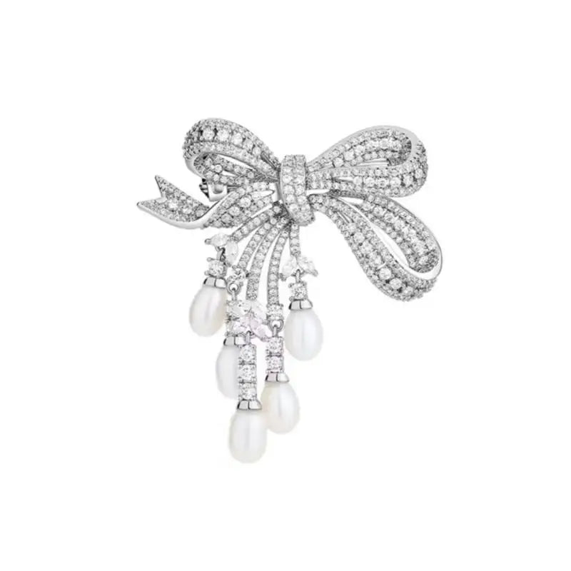 Handmade Luxury Zircon Pearl Bowknot Tassel Pin Stunning Brooch Zpaxo Silver