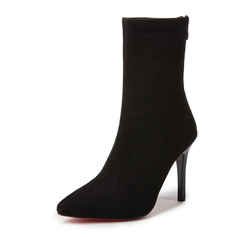 2023 Autumn Winter Heel Velvet Short Boots Pointed Toe Solid Thin Zpaxo